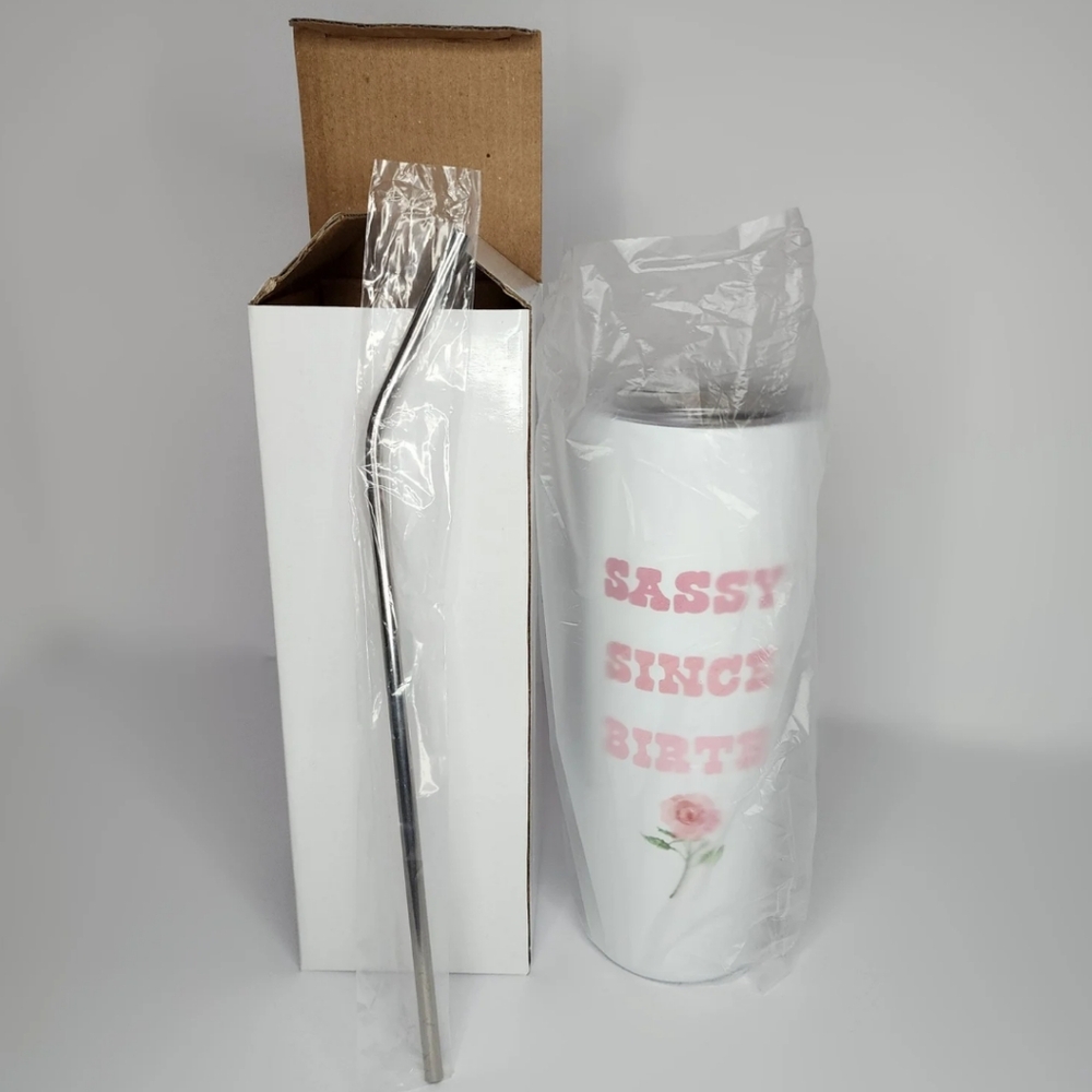 Sassy Since Birth Tall Stainless Steel Travel Cup with Lid and Straw